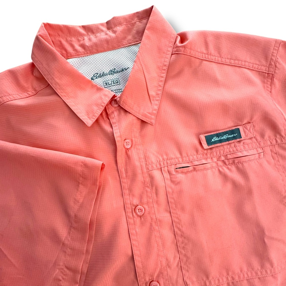 Eddie Bauer Mens XL Tea Rose‎ Short Sleeve Button Up Tech Fishing Outdoor Shirt